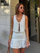 Fashion Sequined Cardigan Skirt Suits Women Elegant Shinny Sleeveless Single Button Female Tank Sets Zipped Skirts 2024 New Sets Empório Lojas 