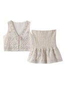 Fashion Sequined Cardigan Skirt Suits Women Elegant Shinny Sleeveless Single Button Female Tank Sets Zipped Skirts 2024 New Sets Empório Lojas 